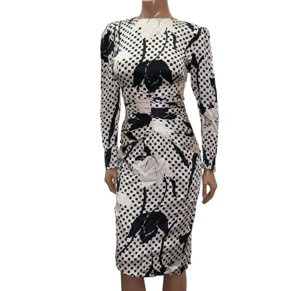 LESLIE RUBIN 50s Style Statement Black & White Floral Silk Midi Dress 4 - Picture 2 of 14